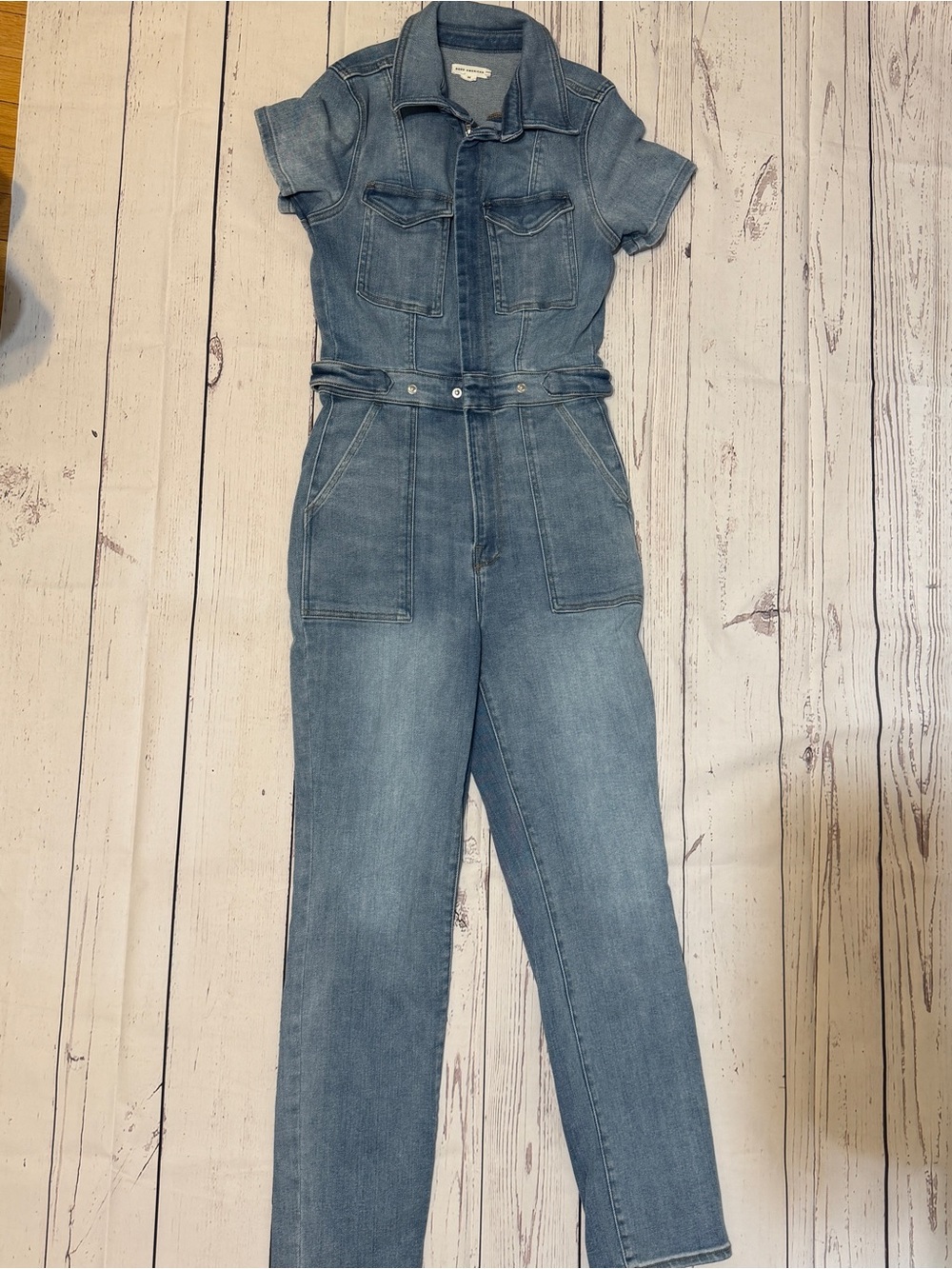 Good American Light Blue Denim Short-Sleeve Overalls